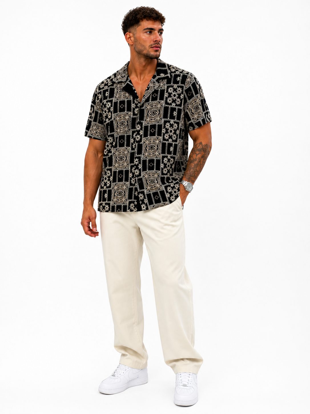 Sorali Geo Pattern Shirt – Black & Sand TX-1439-1