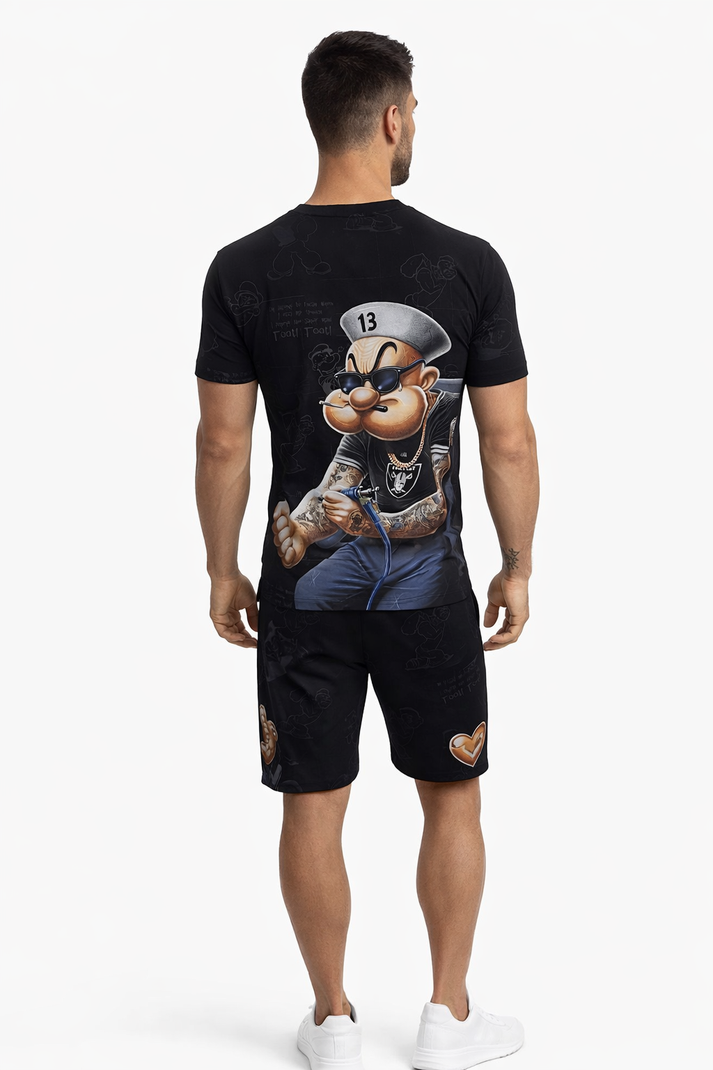 Popeye Heren Zomer Set – T-Shirt & Short – Stretch – Wit/Zwart FX-128