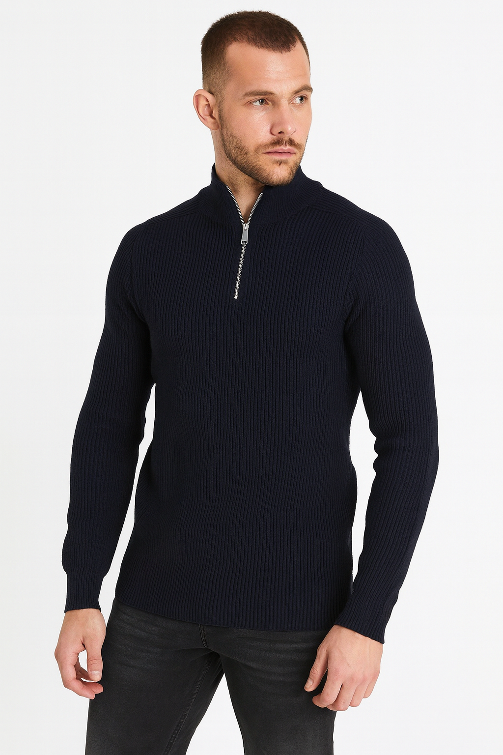 halfzip trui met ribstructuur en hoge kraag Z206