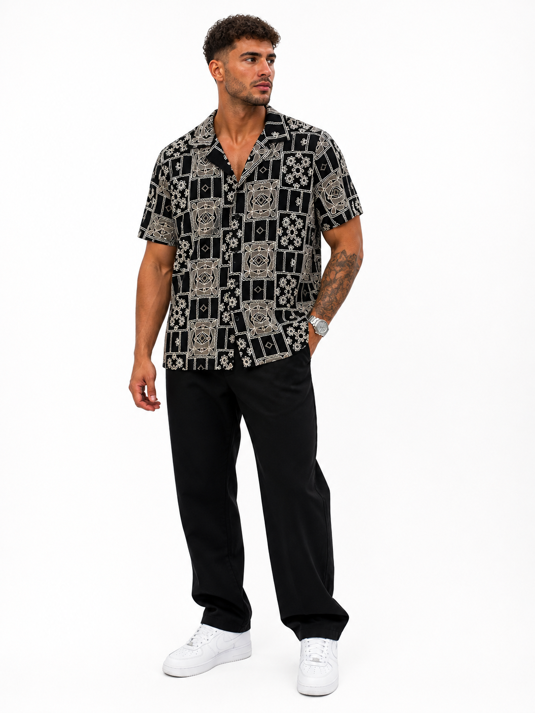 Sorali Geo Pattern Shirt – Black & Sand TX-1439-1
