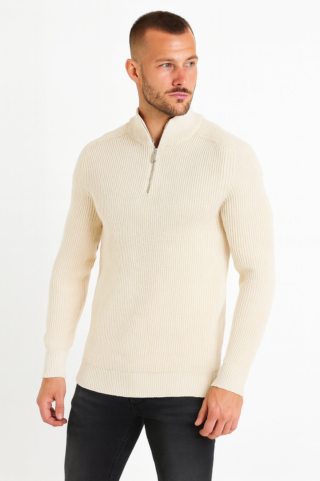 halfzip trui met ribstructuur en hoge kraag Z206