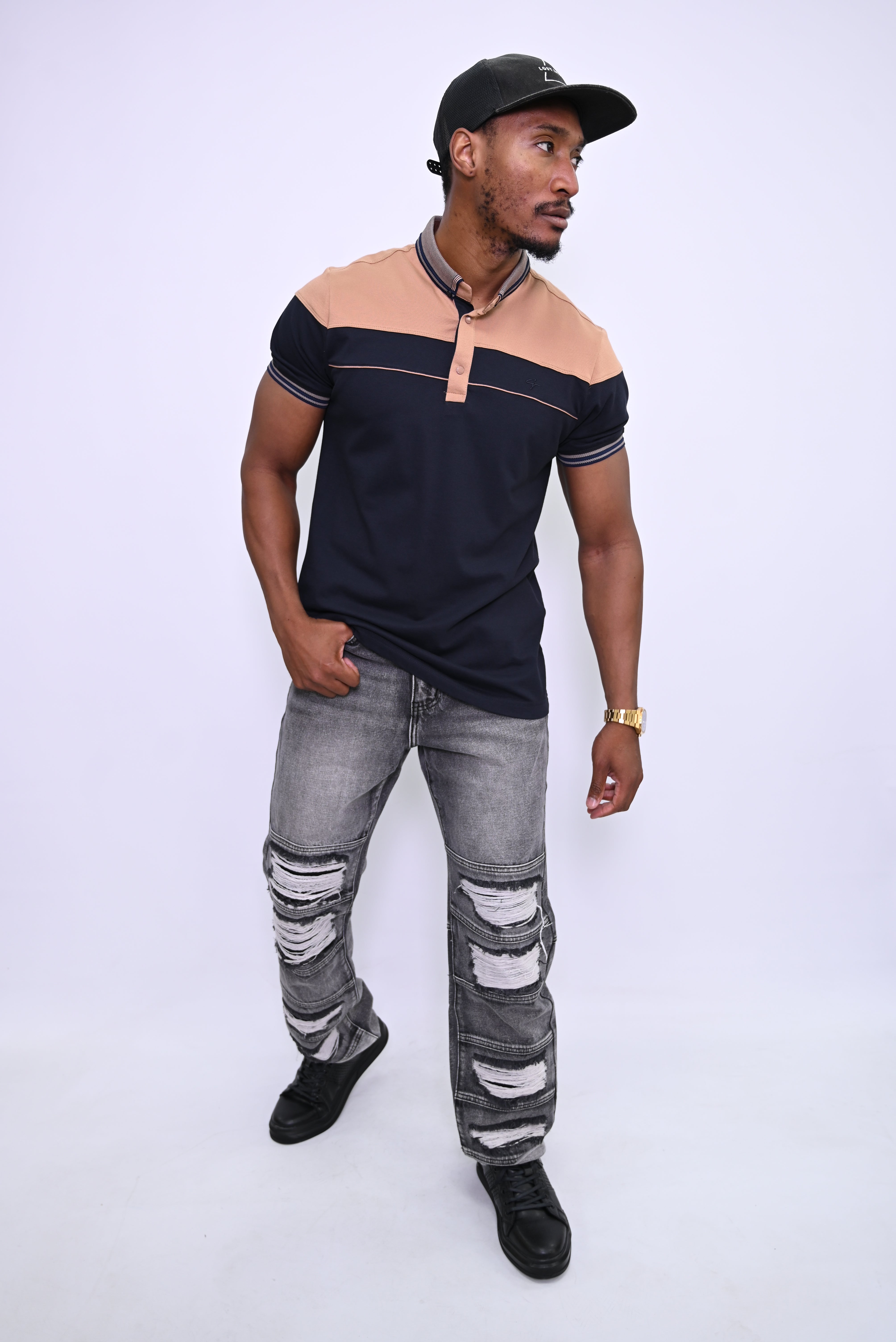 Tweekleurige Polo met Staande Kraag en Streepdetails 4112