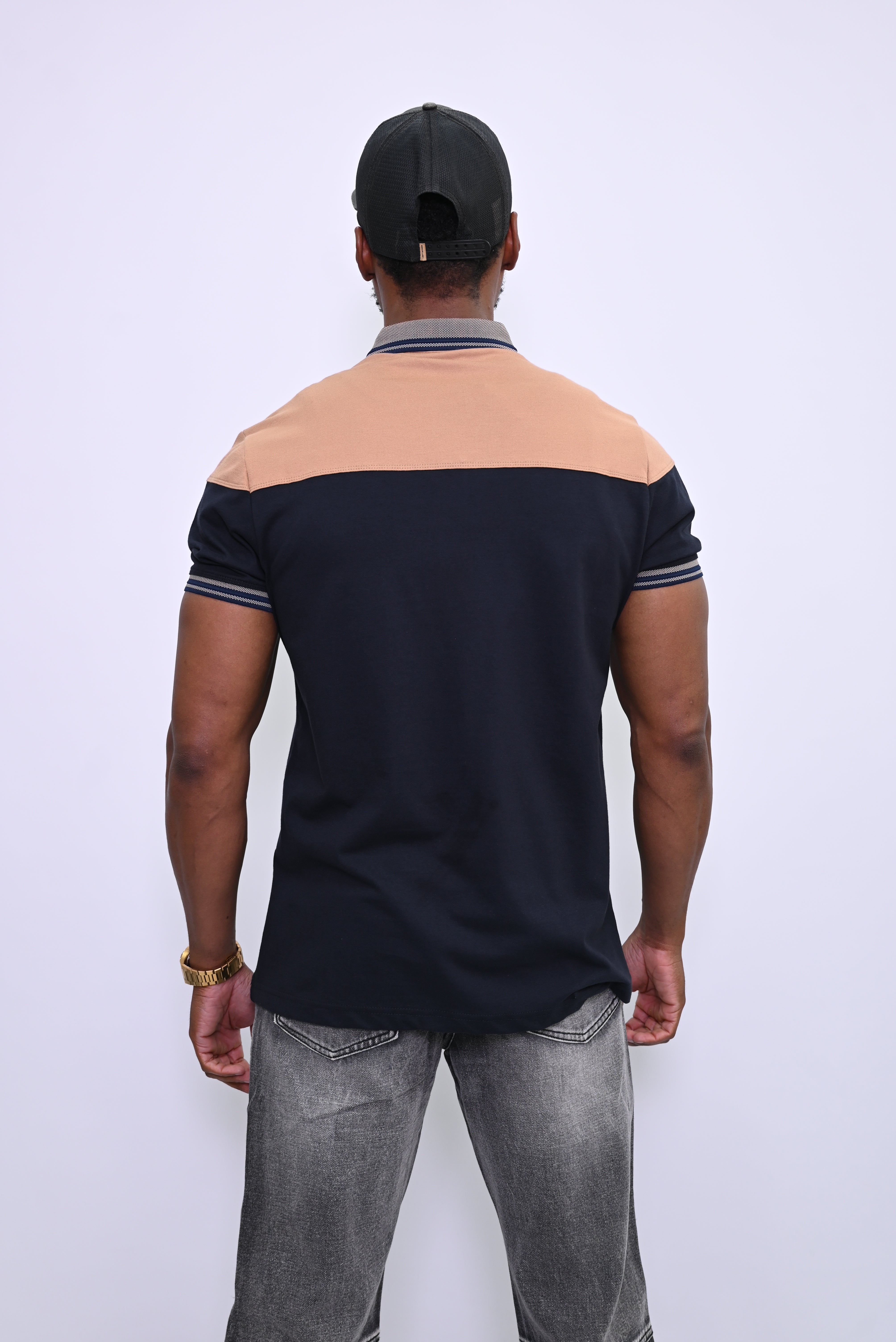 Tweekleurige Polo met Staande Kraag en Streepdetails 4112