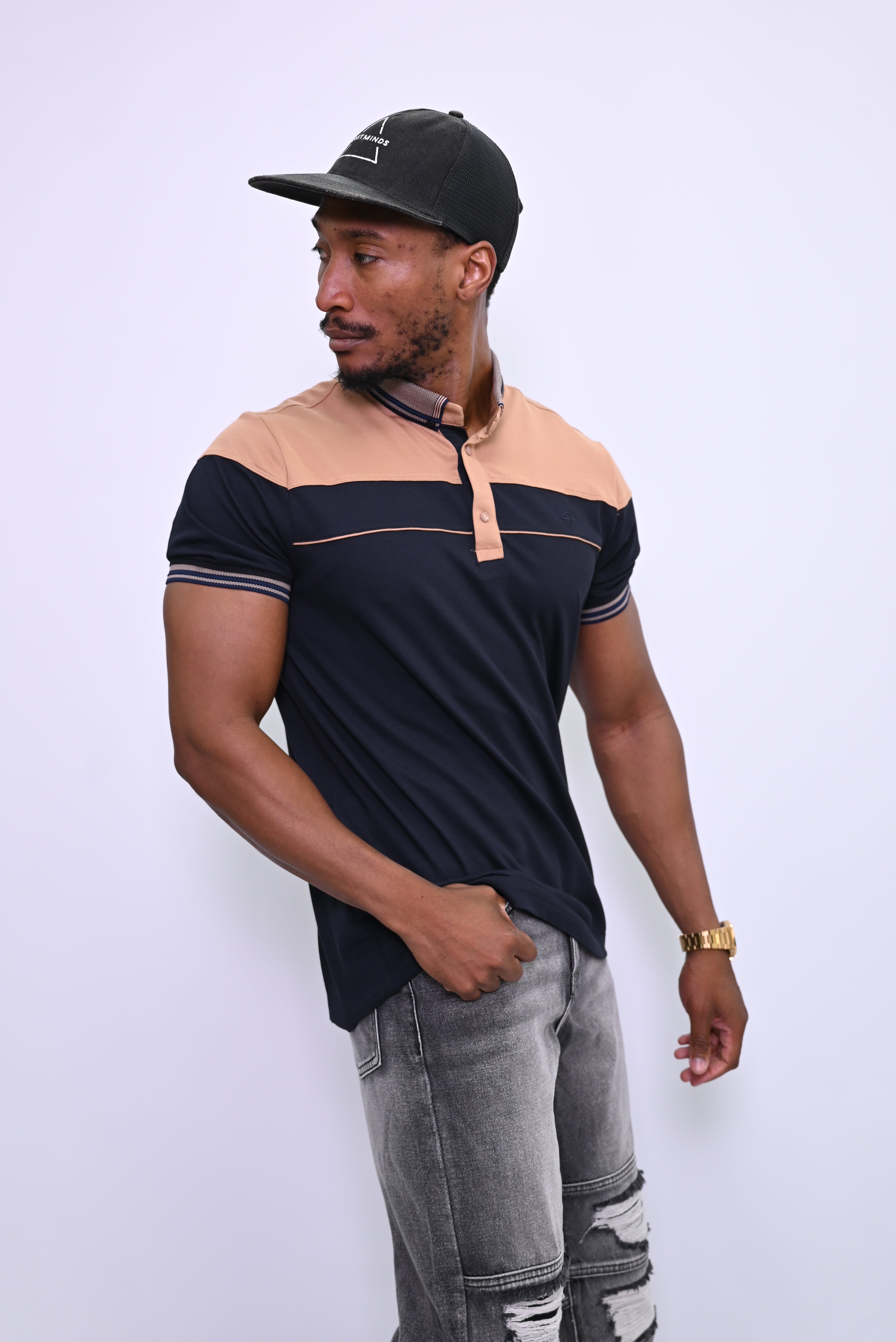 Tweekleurige Polo met Staande Kraag en Streepdetails 4112