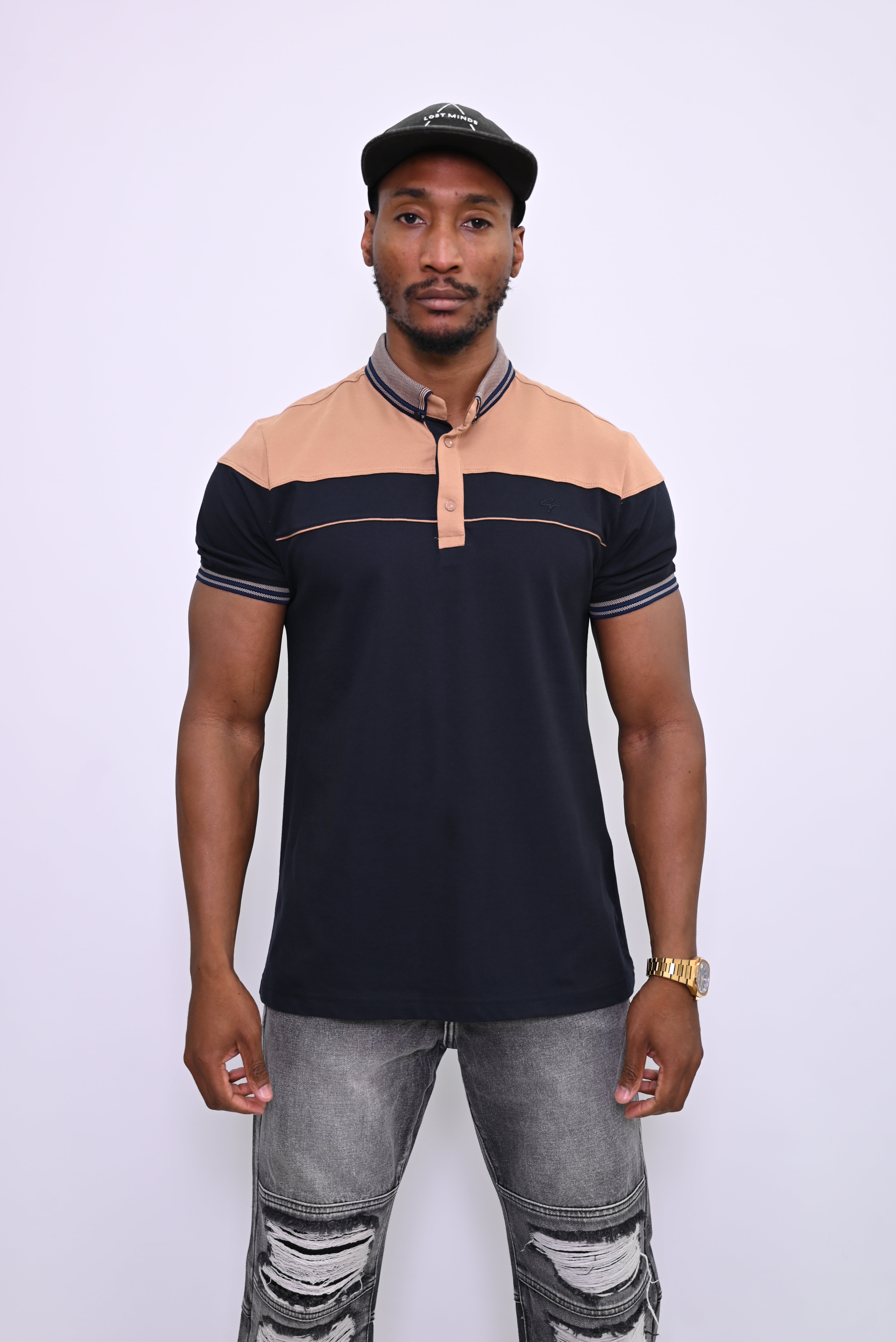 Tweekleurige Polo met Staande Kraag en Streepdetails 4112