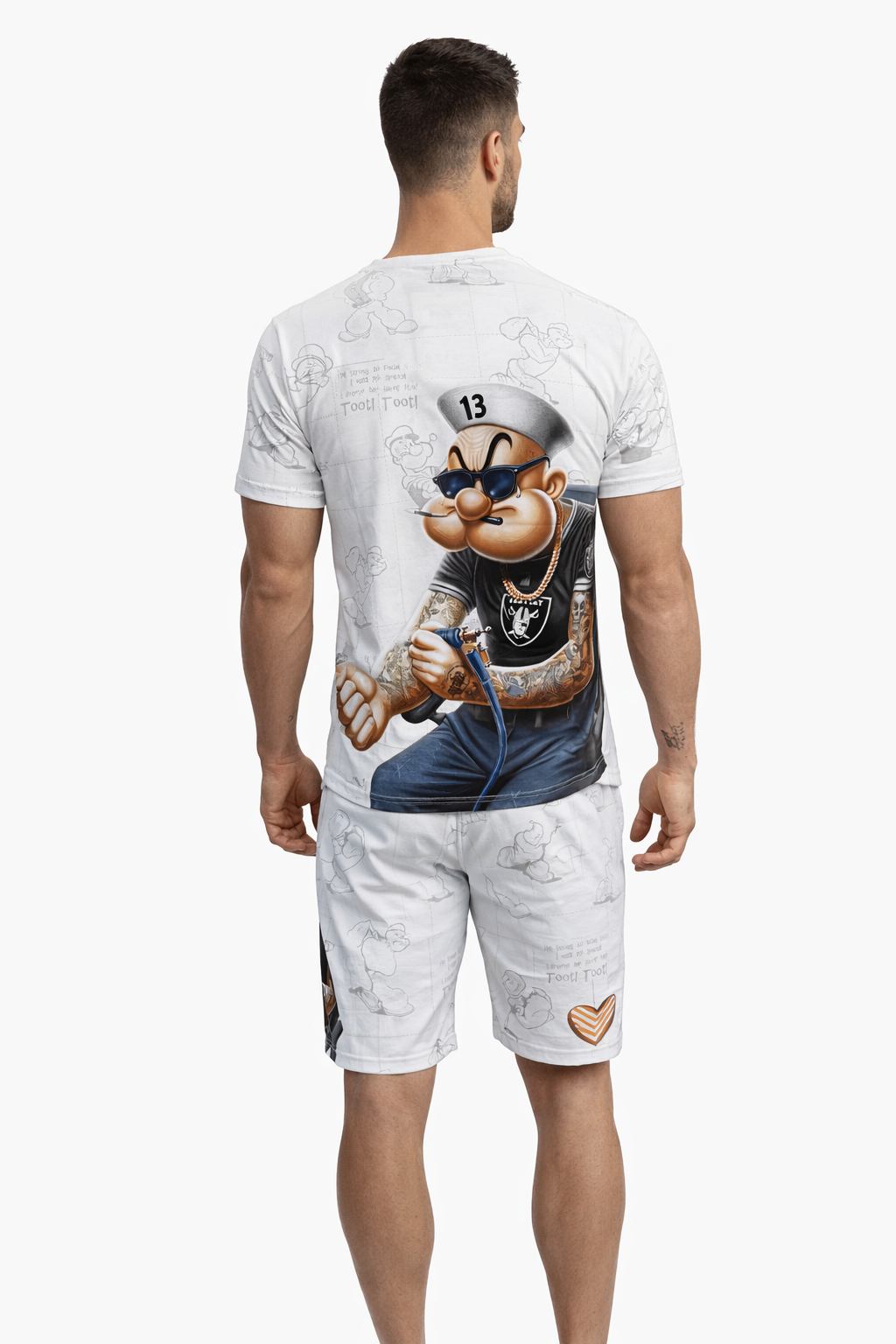 Popeye Heren Zomer Set – T-Shirt & Short – Stretch – Wit/Zwart FX-128