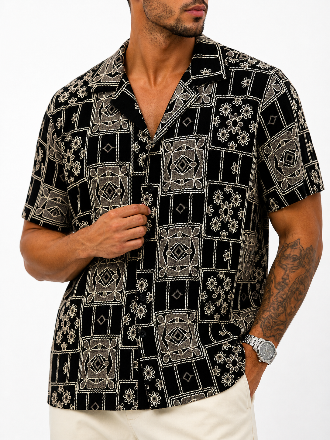 Sorali Geo Pattern Shirt – Black & Sand TX-1439-1